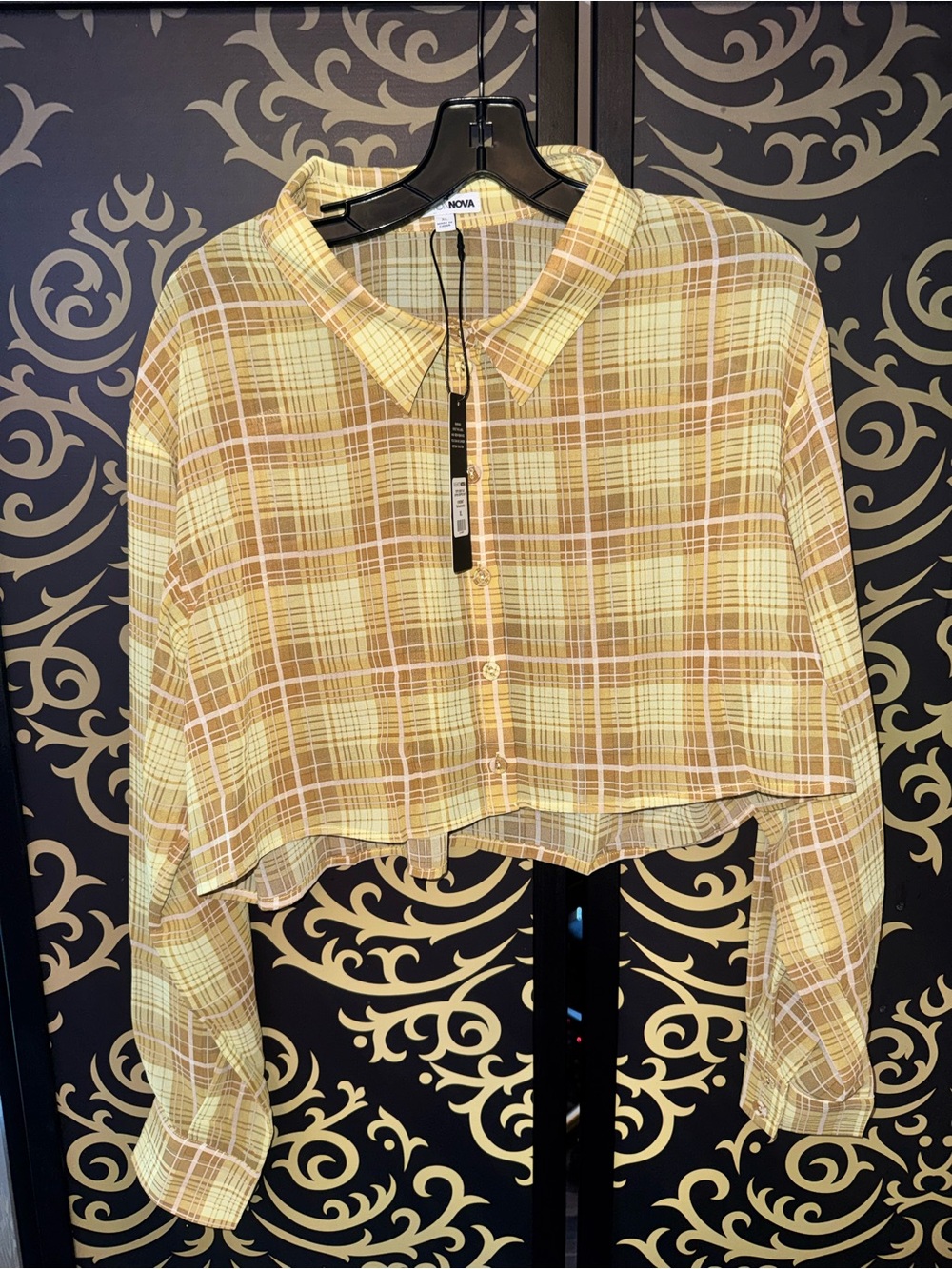 Fashion Nova Yellow Plaid Cropped Button-Down Shirt